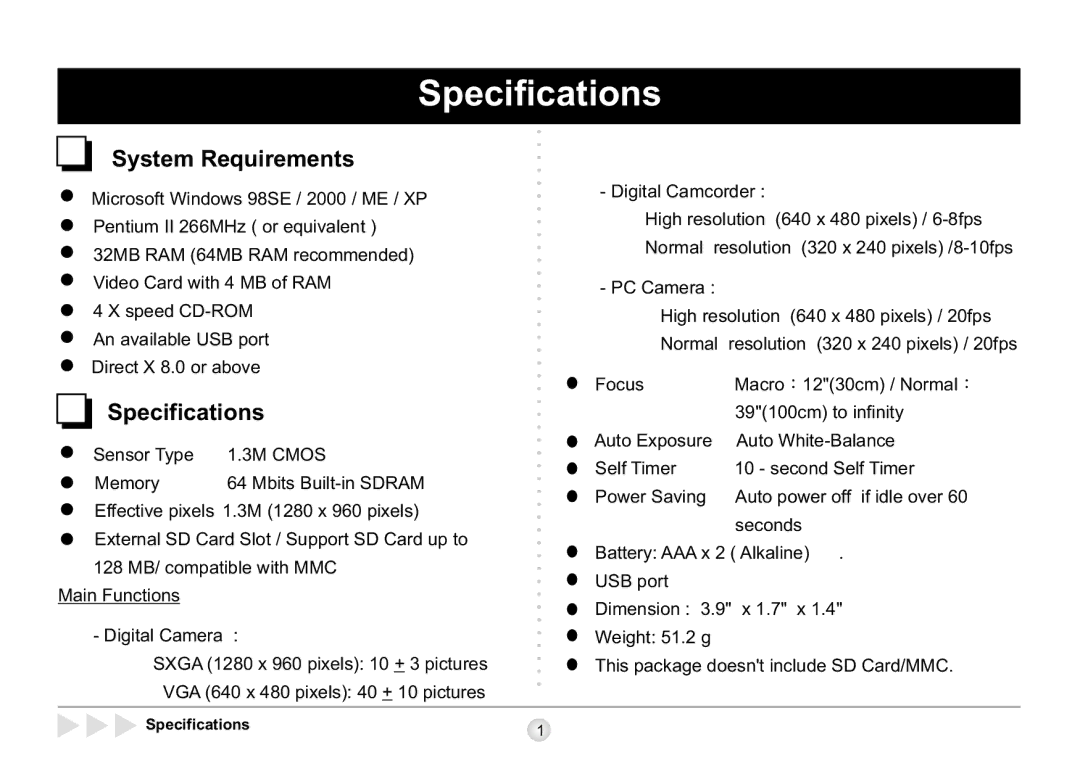 AIPTEK SD 2Mega manual Specifications, System Requirements 