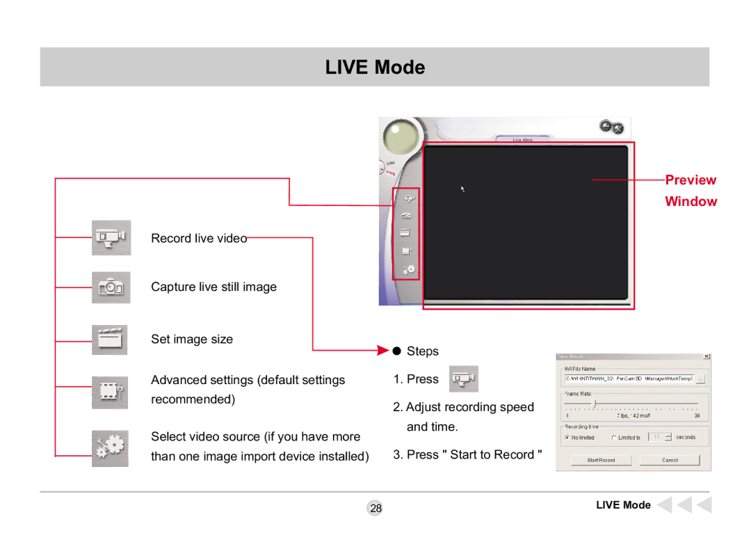 AIPTEK SD 2Mega manual Live Mode, Preview Window 