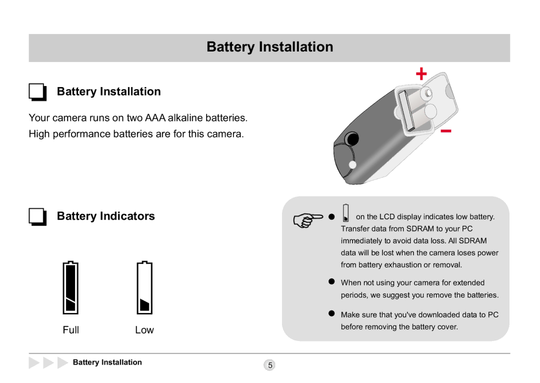 AIPTEK SD 2Mega manual Battery Installation, Battery Indicators 