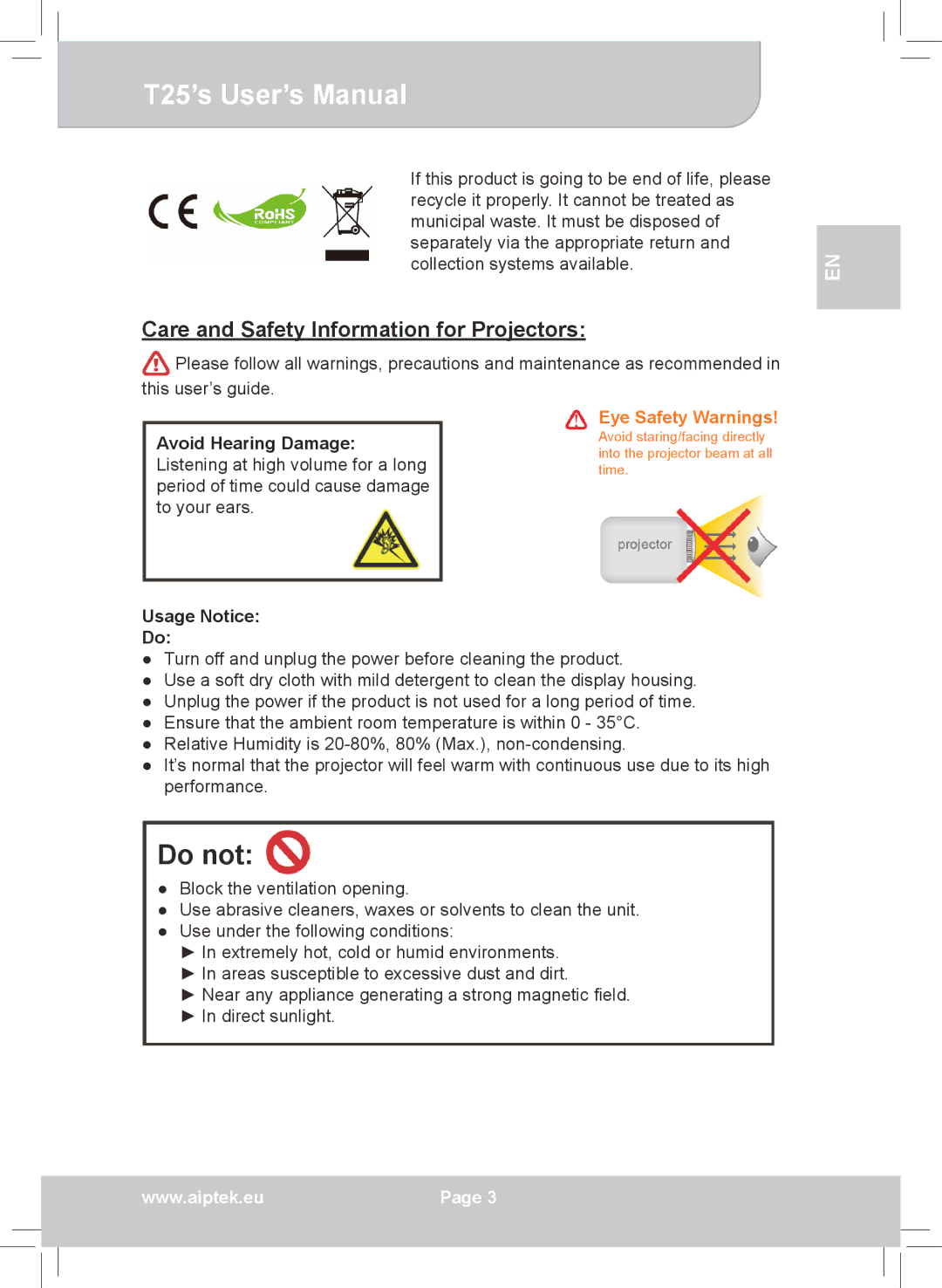 AIPTEK T25 user manual Care and Safety Information for Projectors, Usage Notice 