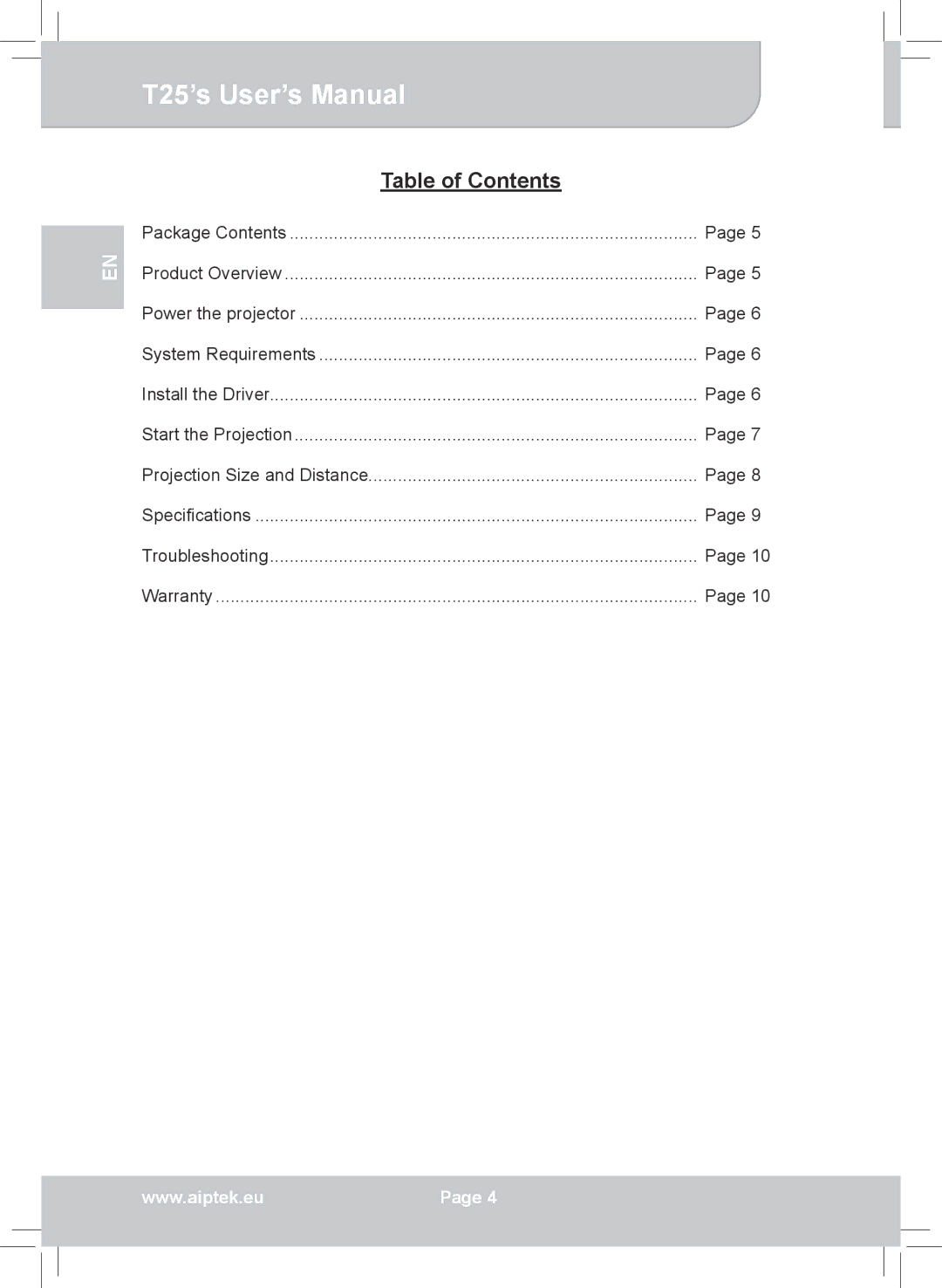 AIPTEK T25 user manual Table of Contents 