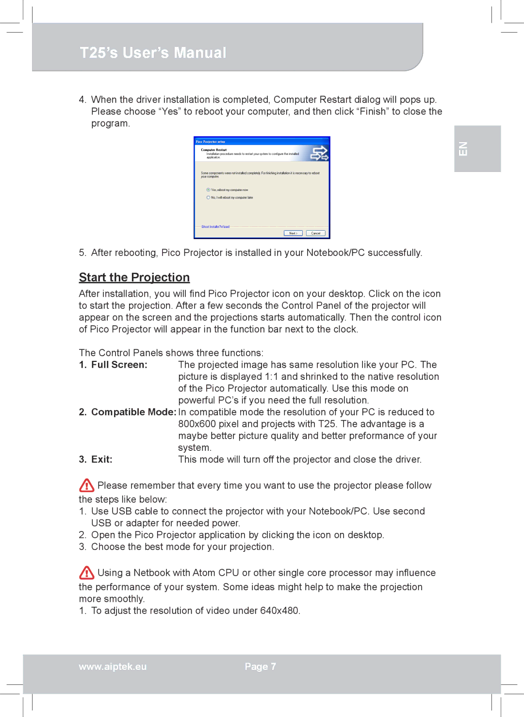 AIPTEK T25 user manual Start the Projection 