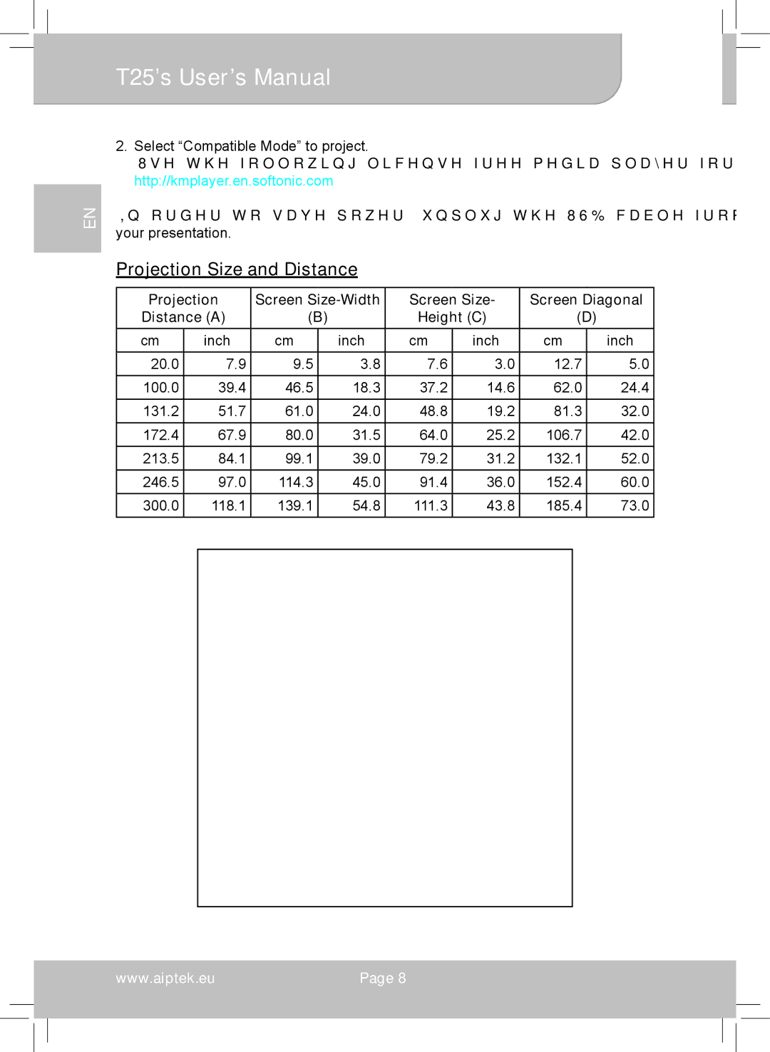 AIPTEK T25 user manual Projection Size and Distance, Screen Size Screen Diagonal Distance a Height C 