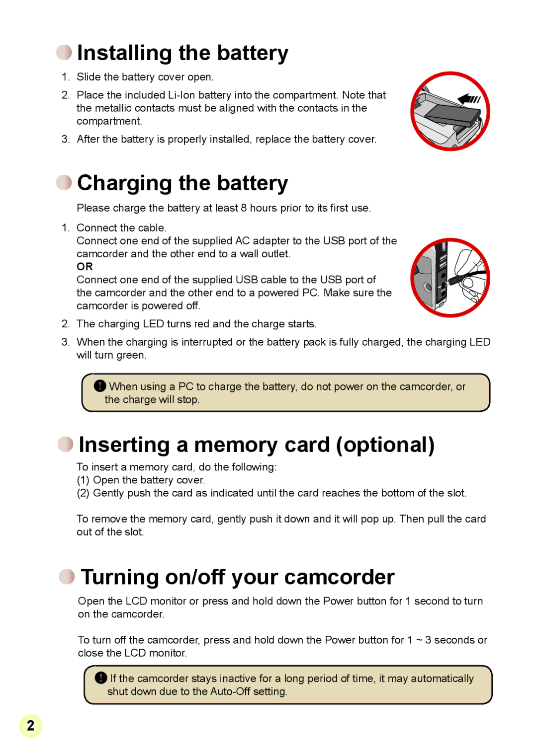 AIPTEK V2T6 Installing the battery, Charging the battery, Inserting a memory card optional, Turning on/off your camcorder 