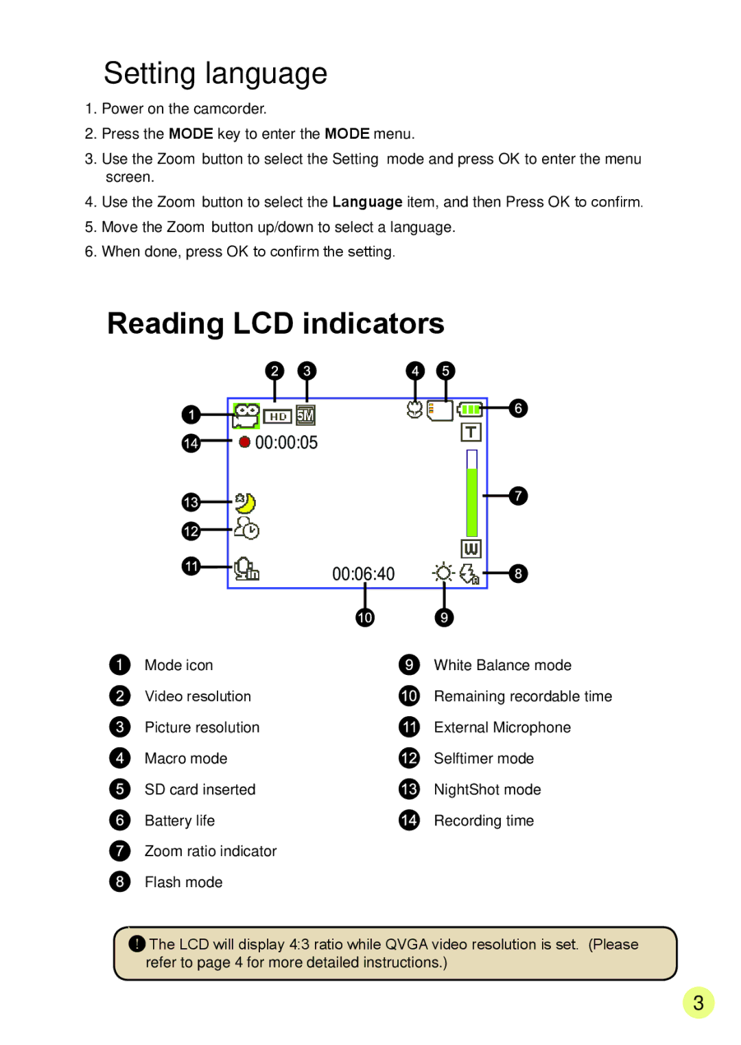 AIPTEK V2T6 manual Setting language, Reading LCD indicators 