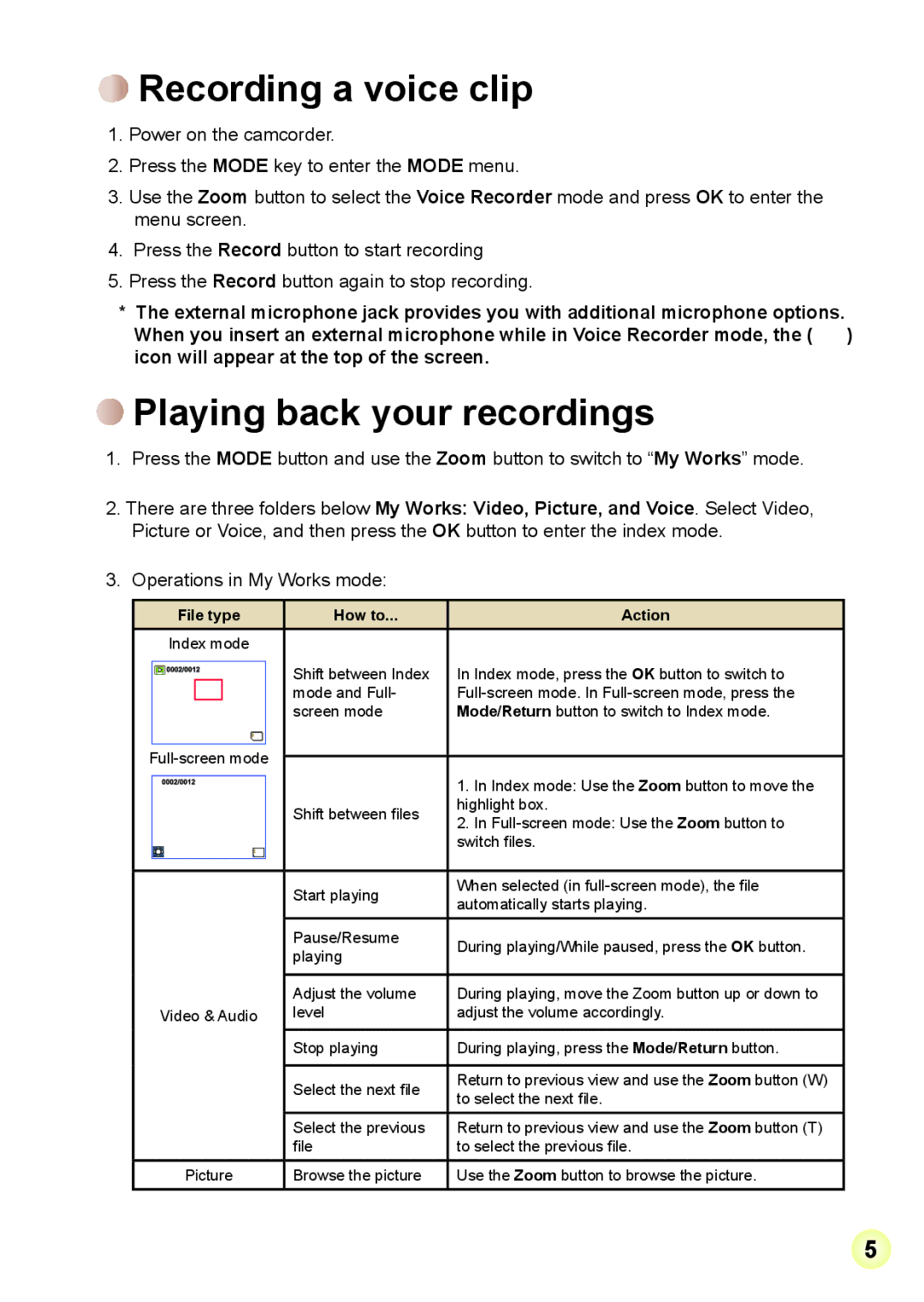 AIPTEK V2T6 manual Recording a voice clip, Playing back your recordings, File type How to Action 