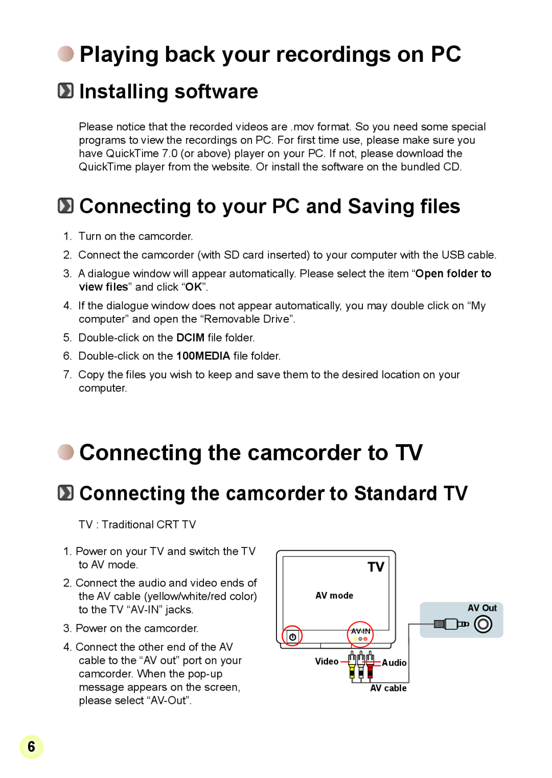 AIPTEK V2T6 manual Playing back your recordings on PC, Connecting the camcorder to TV 