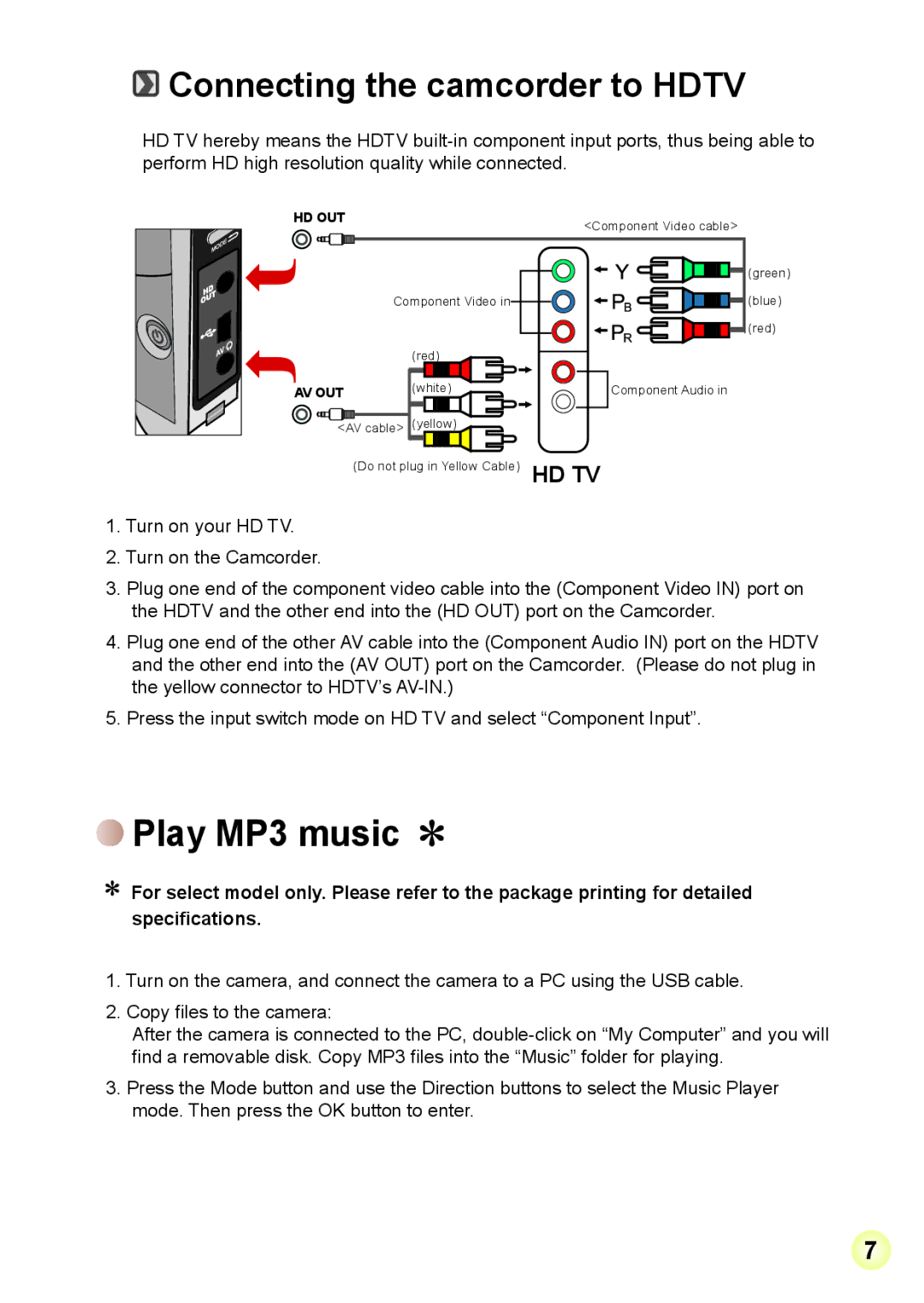 AIPTEK V2T6 manual Play MP3 music, Connecting the camcorder to Hdtv 