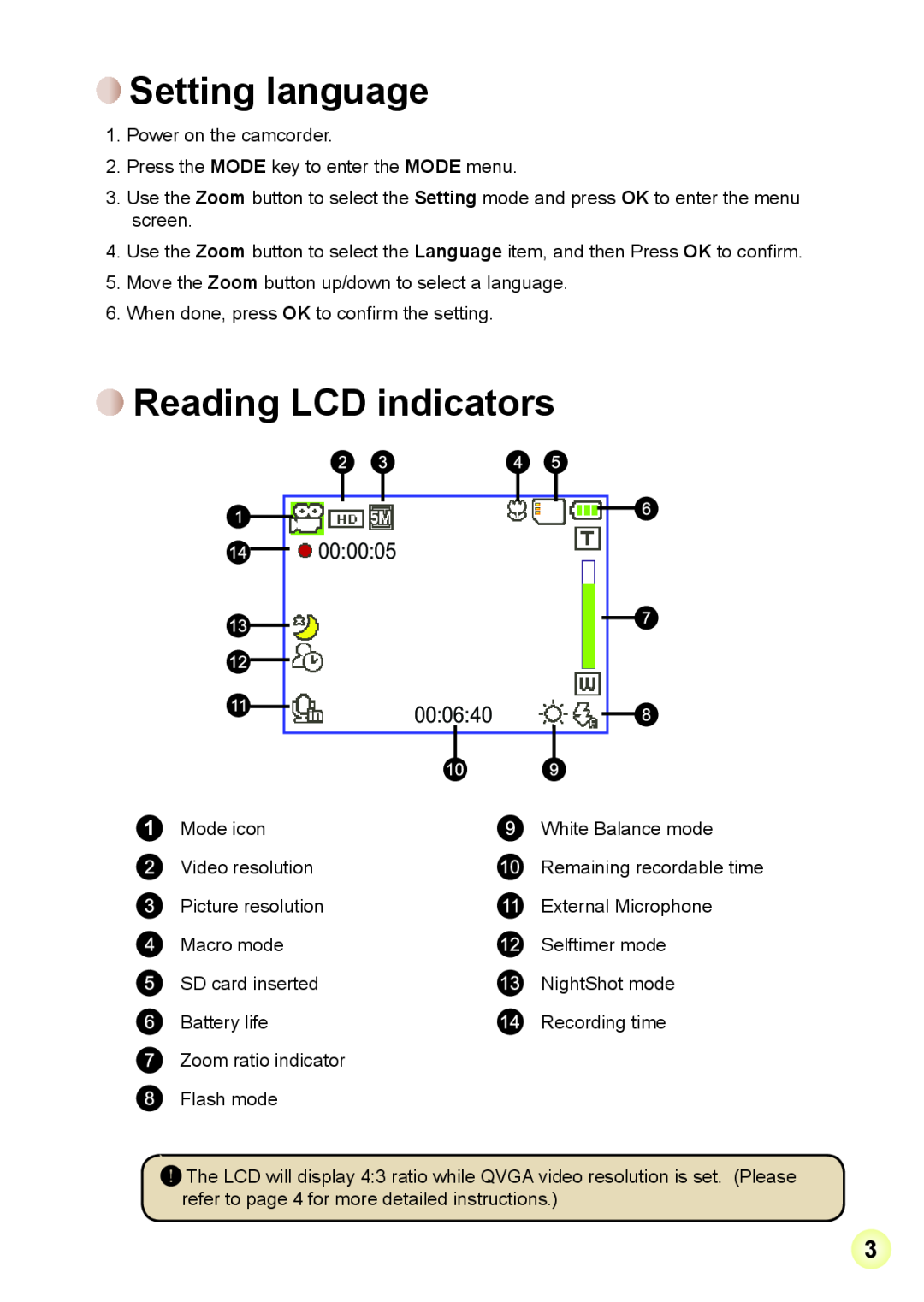 AIPTEK V2T6 manual Setting language, Reading LCD indicators, 000005, 000640 