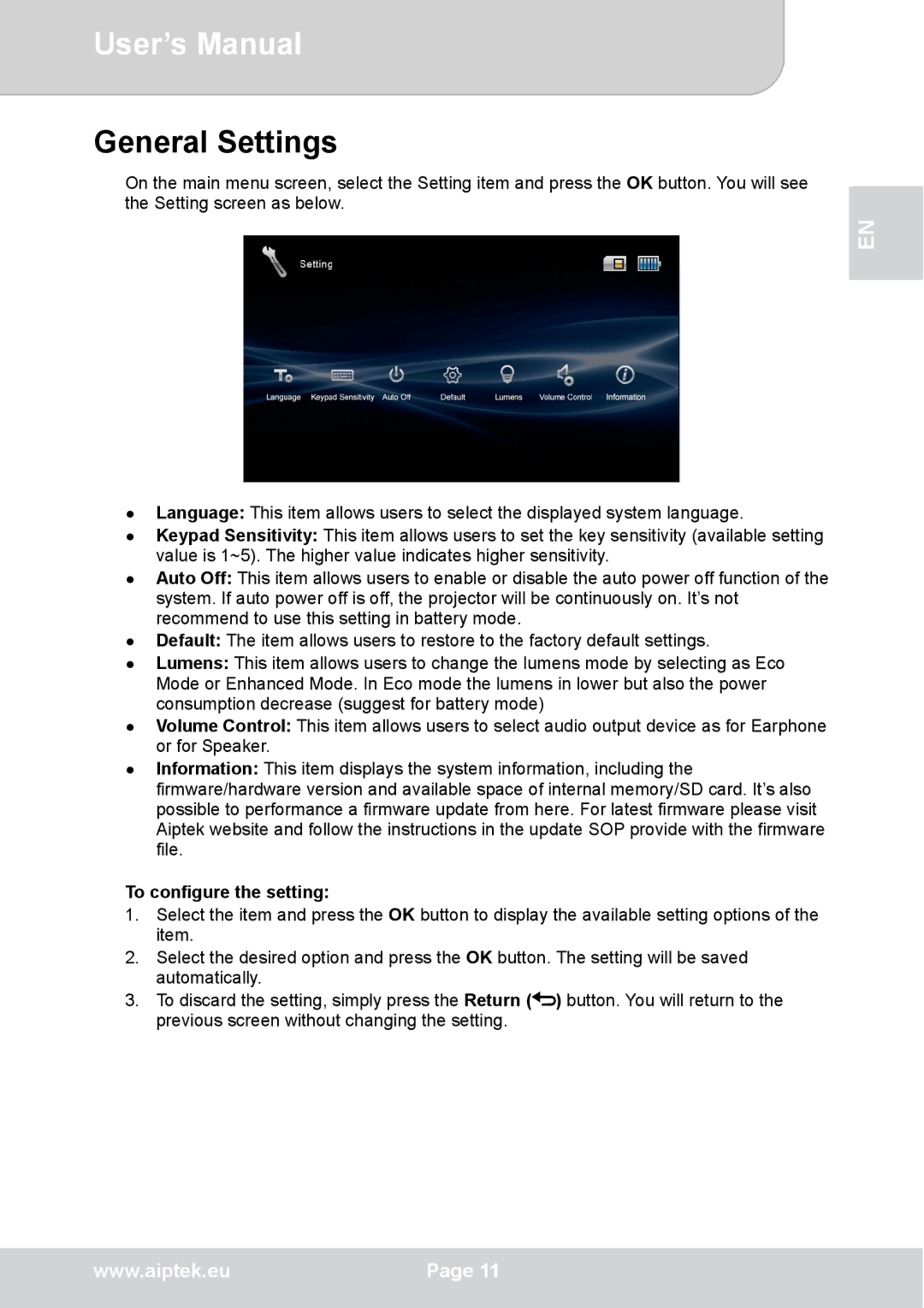 AIPTEK V50 user manual General Settings, To configure the setting 