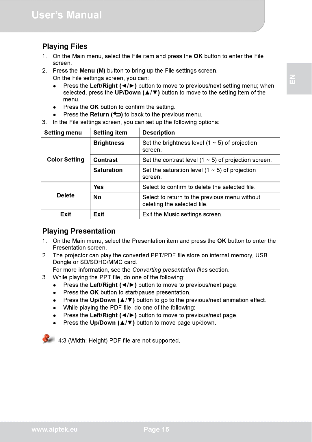 AIPTEK V50 user manual Playing Files, Playing Presentation 