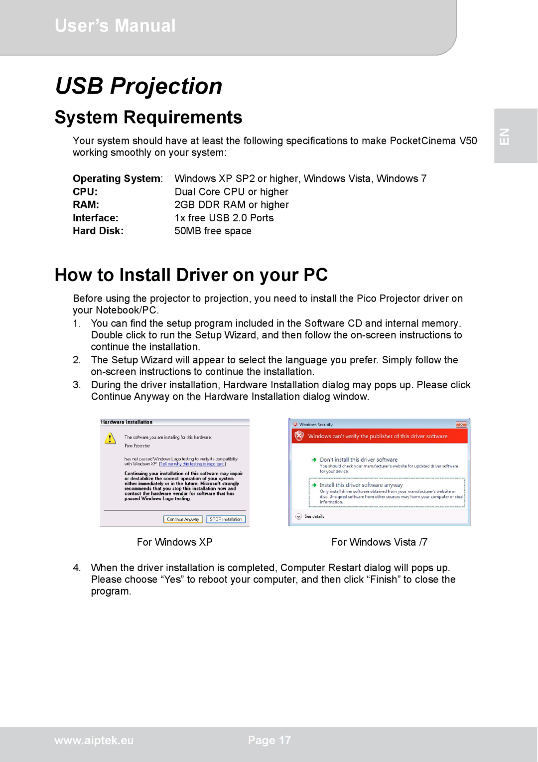 AIPTEK V50 user manual USB Projection, System Requirements, How to Install Driver on your PC 