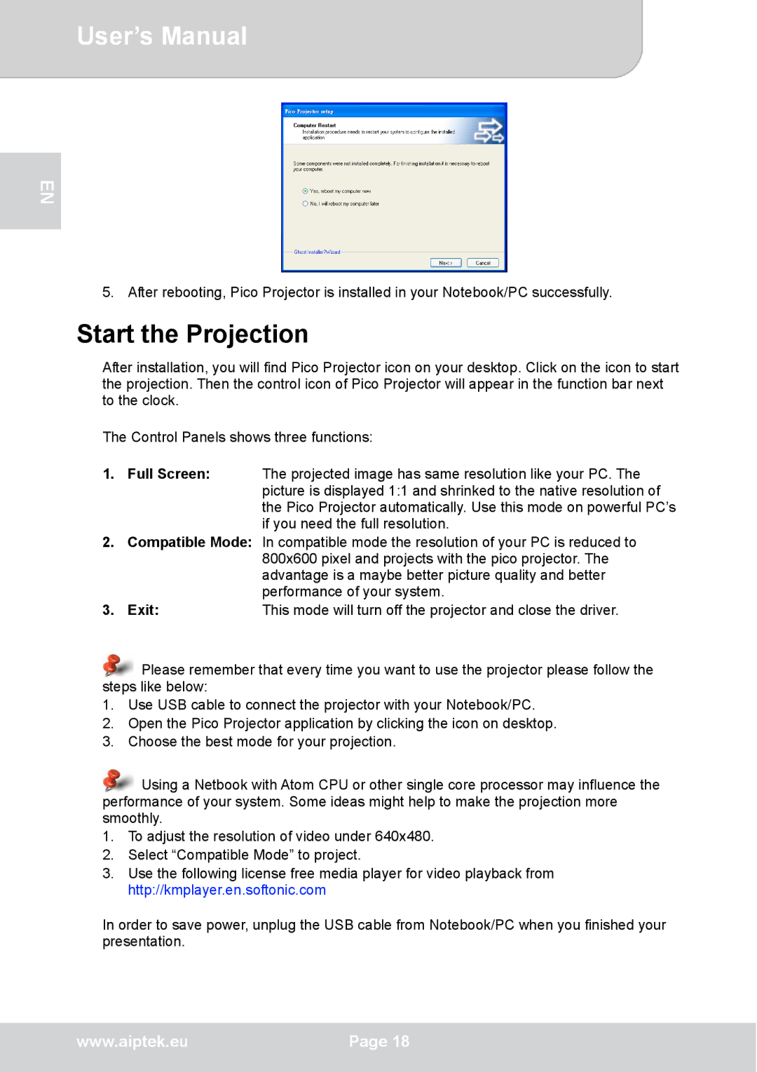 AIPTEK V50 user manual Start the Projection 