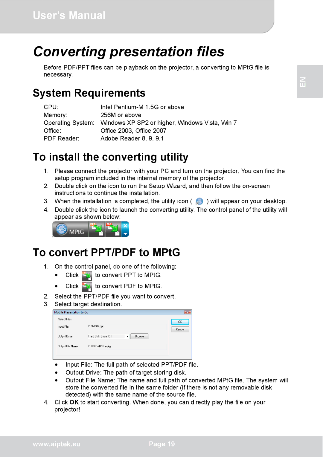 AIPTEK V50 user manual Converting presentation files, To install the converting utility 