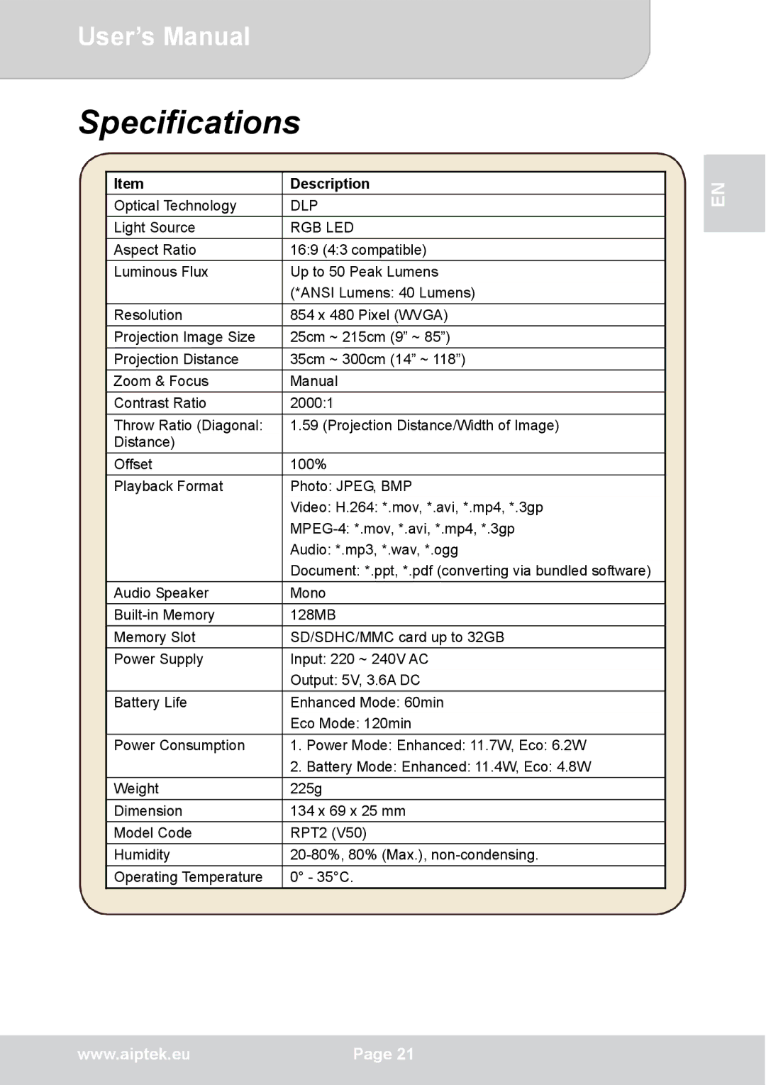 AIPTEK V50 user manual Specifications 