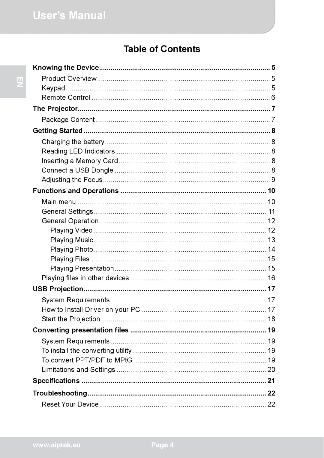 AIPTEK V50 user manual Table of Contents 