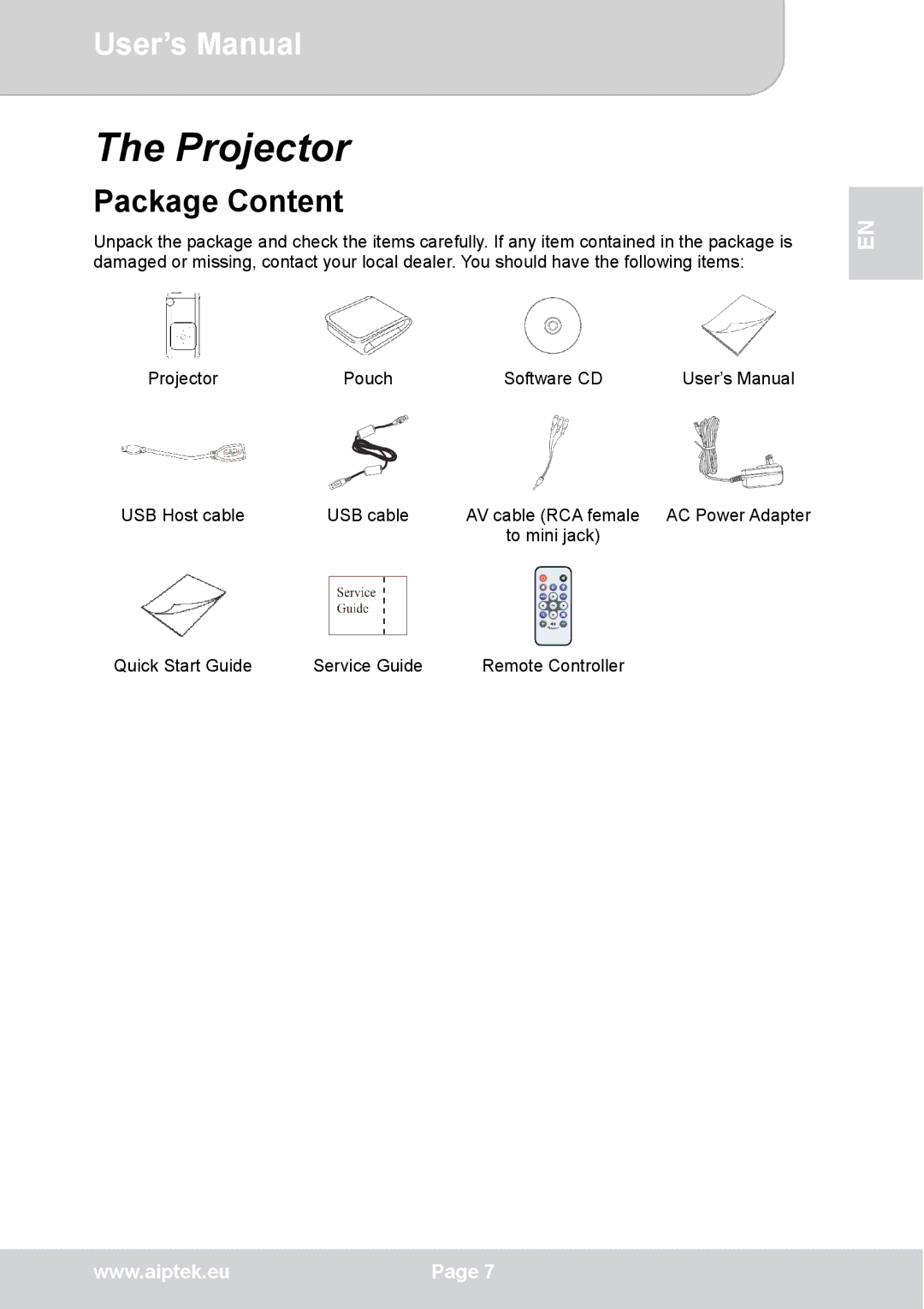 AIPTEK V50 user manual Projector, Package Content 