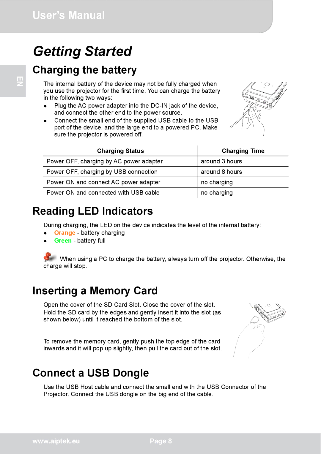 AIPTEK V50 Getting Started, Charging the battery, Reading LED Indicators, Inserting a Memory Card, Connect a USB Dongle 