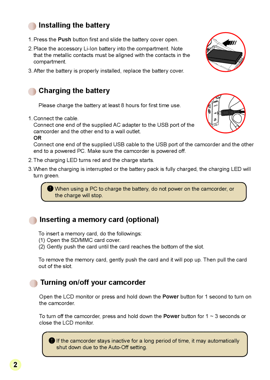 AIPTEK A-V5Z5S manual Installing the battery, Charging the battery, Inserting a memory card optional 