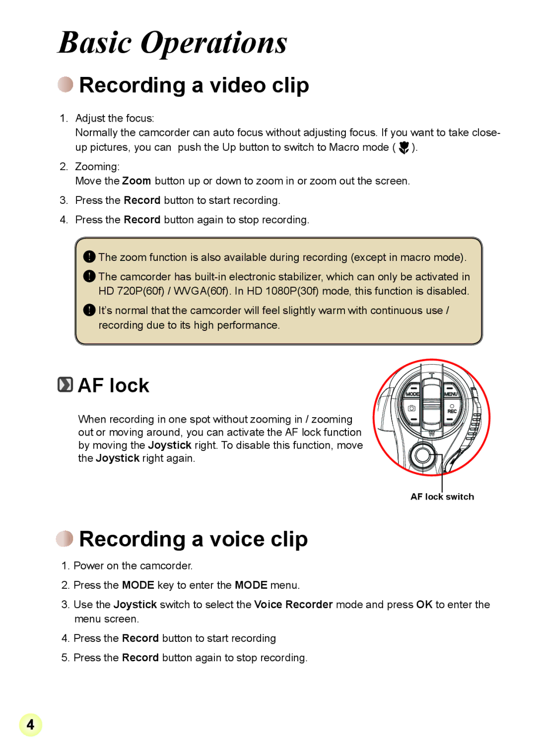 AIPTEK A-V5Z5S manual Recording a video clip, Recording a voice clip, AF lock 