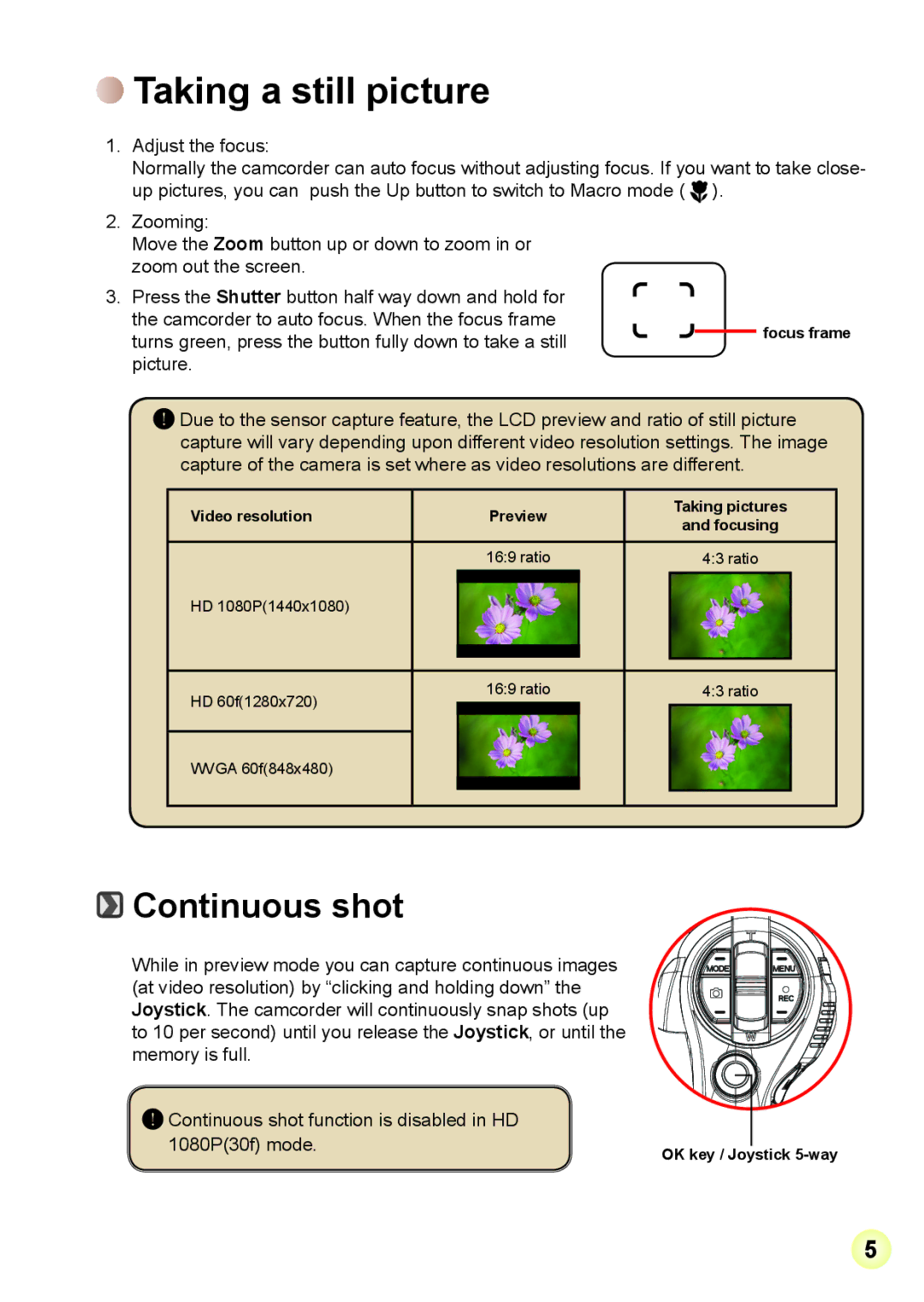 AIPTEK V5Z5S Taking a still picture, Continuous shot, Video resolution Preview Taking pictures, OK key / Joystick 5-way 