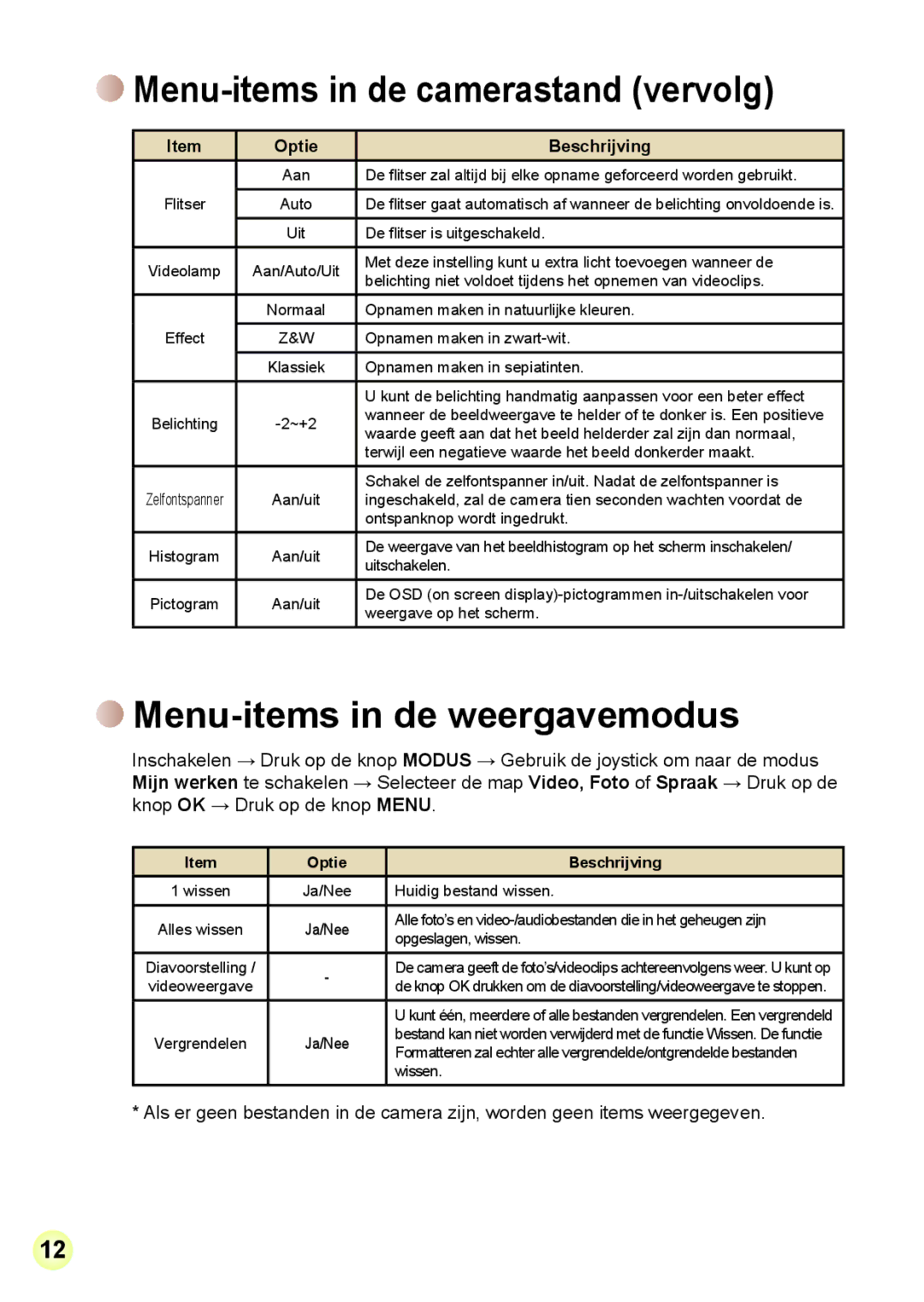 AIPTEK Z5X5P, R-HDV21X manual Menu-items in de camerastand vervolg, Menu-items in de weergavemodus 