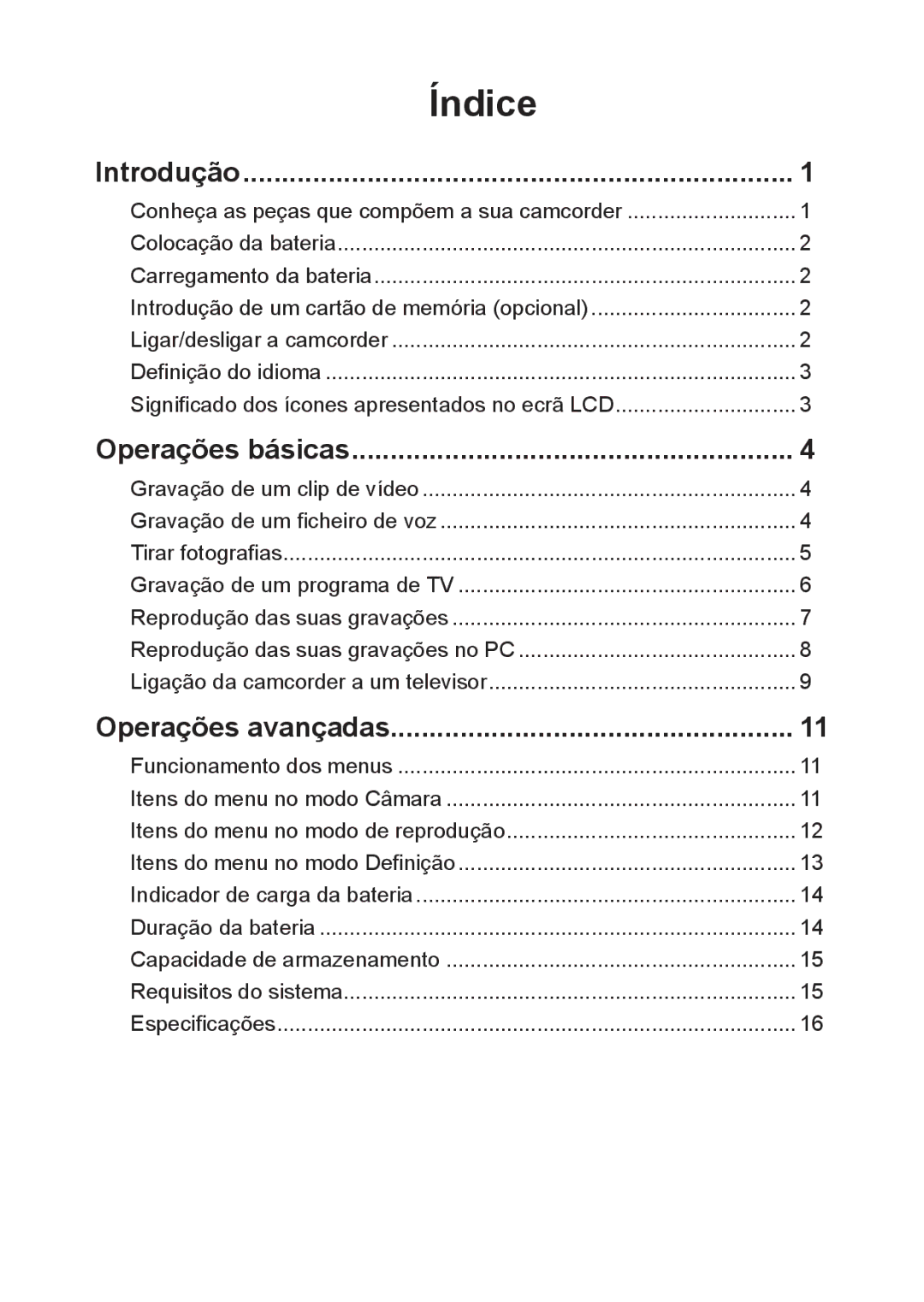 AIPTEK R-HDV21X, Z5X5P manual Índice, Introdução, Operações básicas, Operações avançadas 