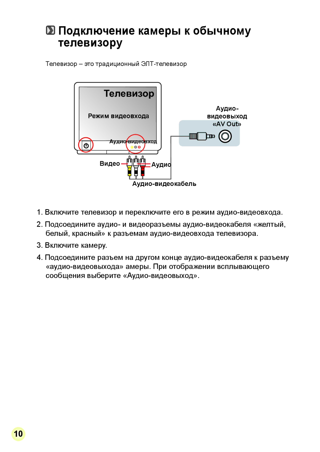 AIPTEK R-HDV21X, Z5X5P Подключение камеры к обычному телевизору, Телевизор это традиционный ЭЛТ-телевизор, Аудио-видеовход 