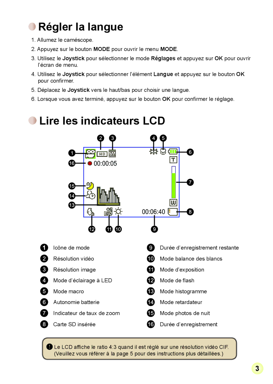 AIPTEK Z5X5P, R-HDV21X manual Régler la langue, Lire les indicateurs LCD 