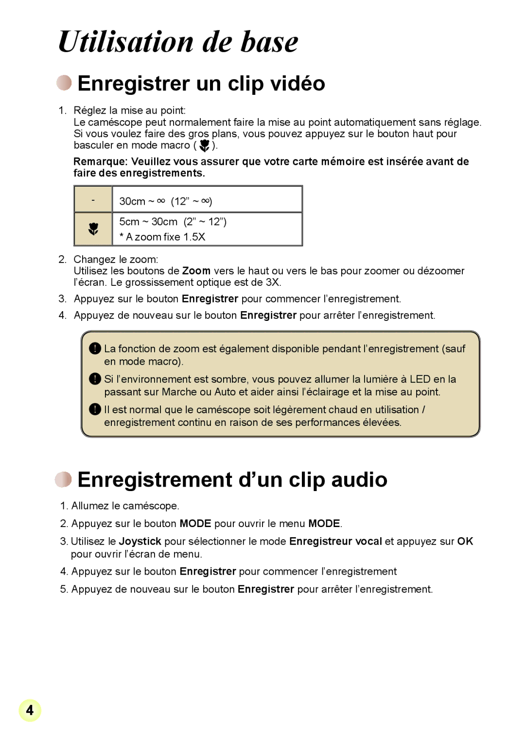 AIPTEK R-HDV21X, Z5X5P manual Utilisation de base, Enregistrer un clip vidéo, Enregistrement d’un clip audio 