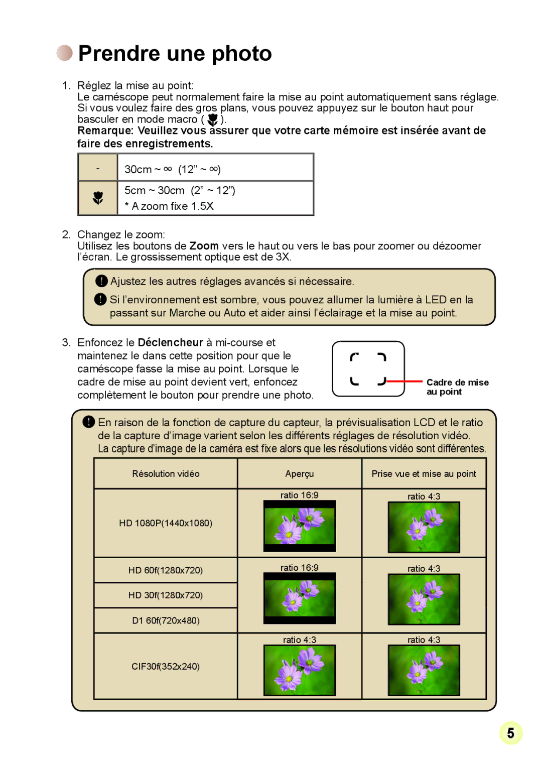 AIPTEK Z5X5P, R-HDV21X manual Prendre une photo, Complètement le bouton pour prendre une photo, Au point 