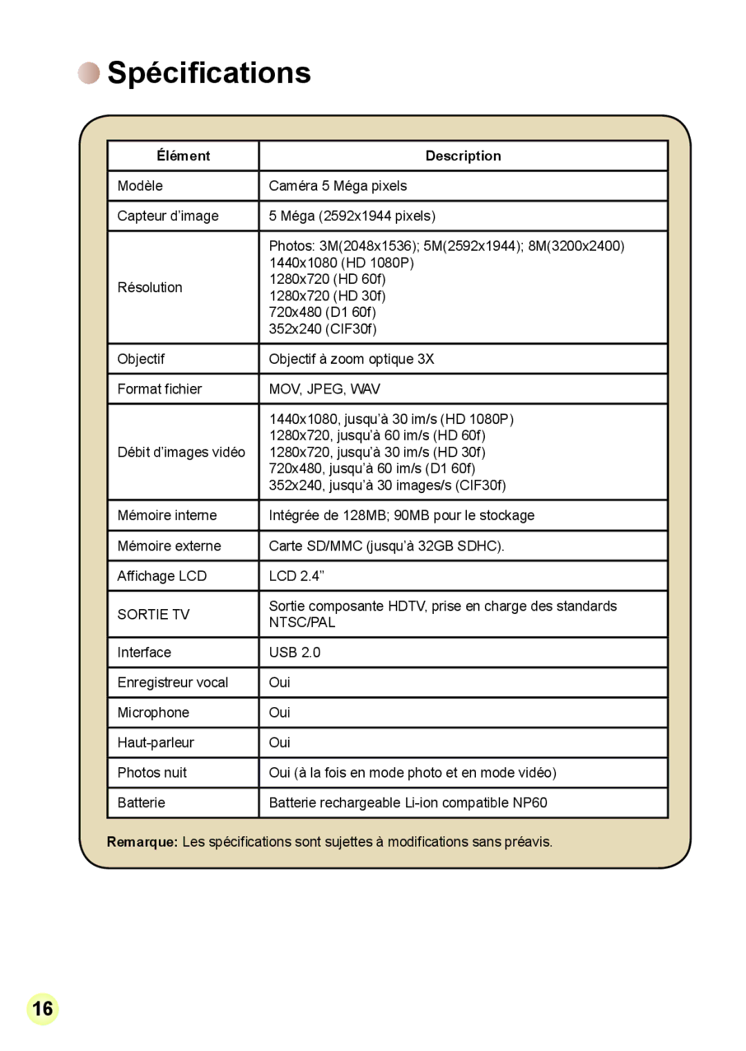 AIPTEK R-HDV21X Spécifications, Élément Description, 1440x1080, jusqu’à 30 im/s HD 1080P, 1280x720, jusqu’à 60 im/s HD 60f 