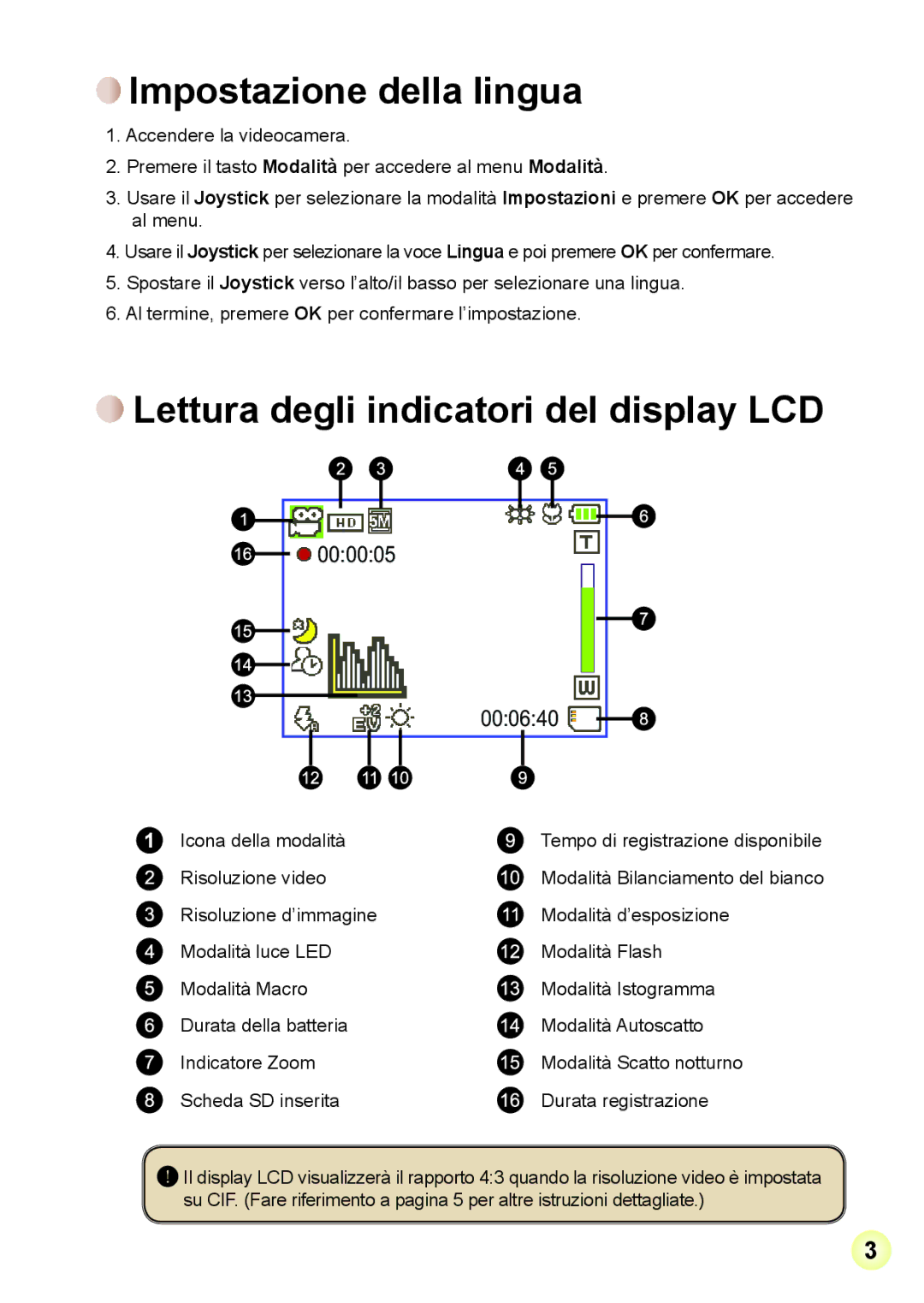 AIPTEK R-HDV21X, Z5X5P manual Impostazione della lingua, Lettura degli indicatori del display LCD 