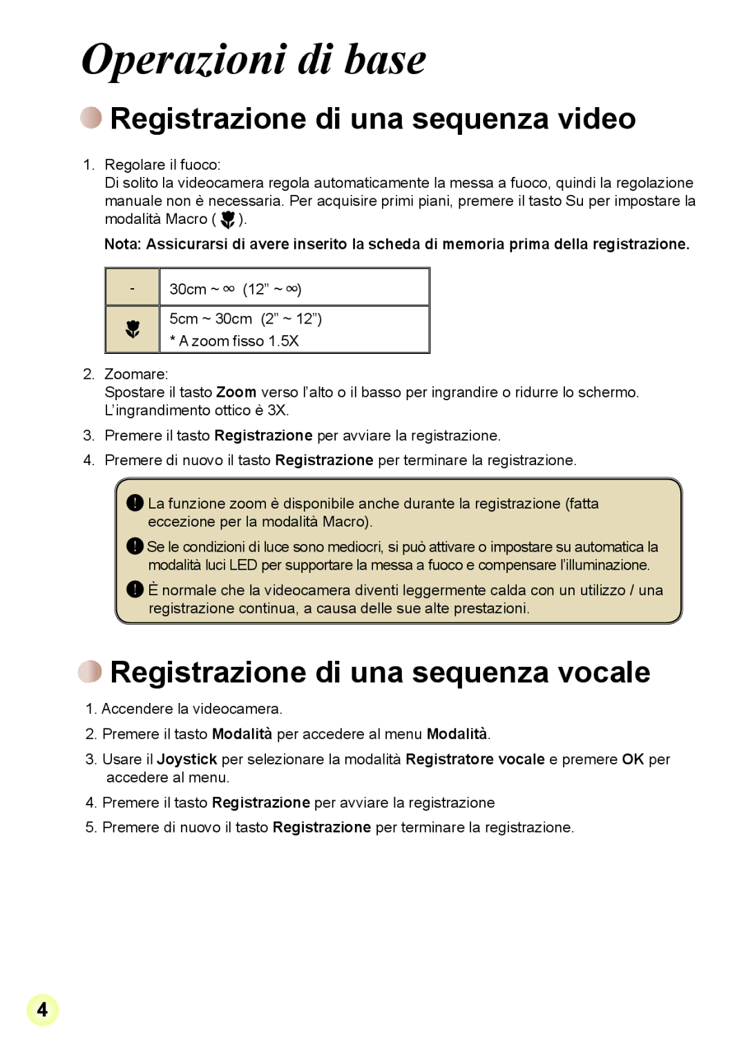 AIPTEK Z5X5P, R-HDV21X manual Operazioni di base, Registrazione di una sequenza video, Registrazione di una sequenza vocale 