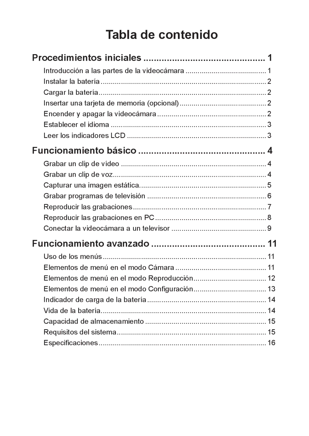 AIPTEK R-HDV21X, Z5X5P manual Tabla de contenido, Procedimientos iniciales, Funcionamiento básico, Funcionamiento avanzado 