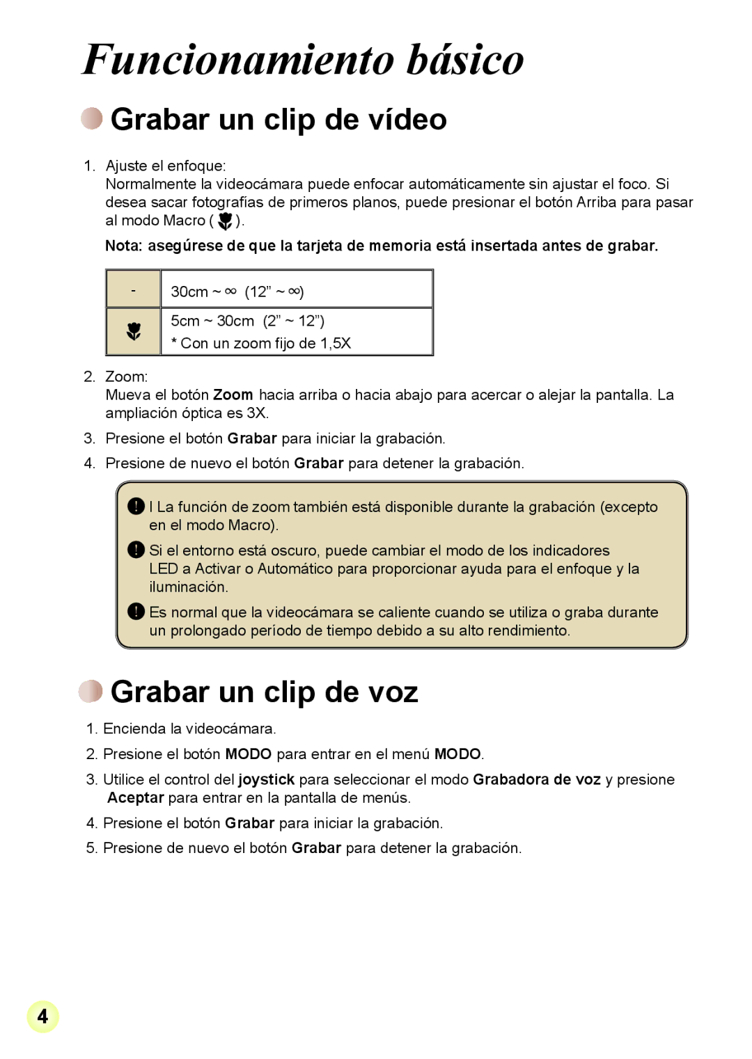 AIPTEK R-HDV21X, Z5X5P manual Funcionamiento básico, Grabar un clip de vídeo, Grabar un clip de voz 