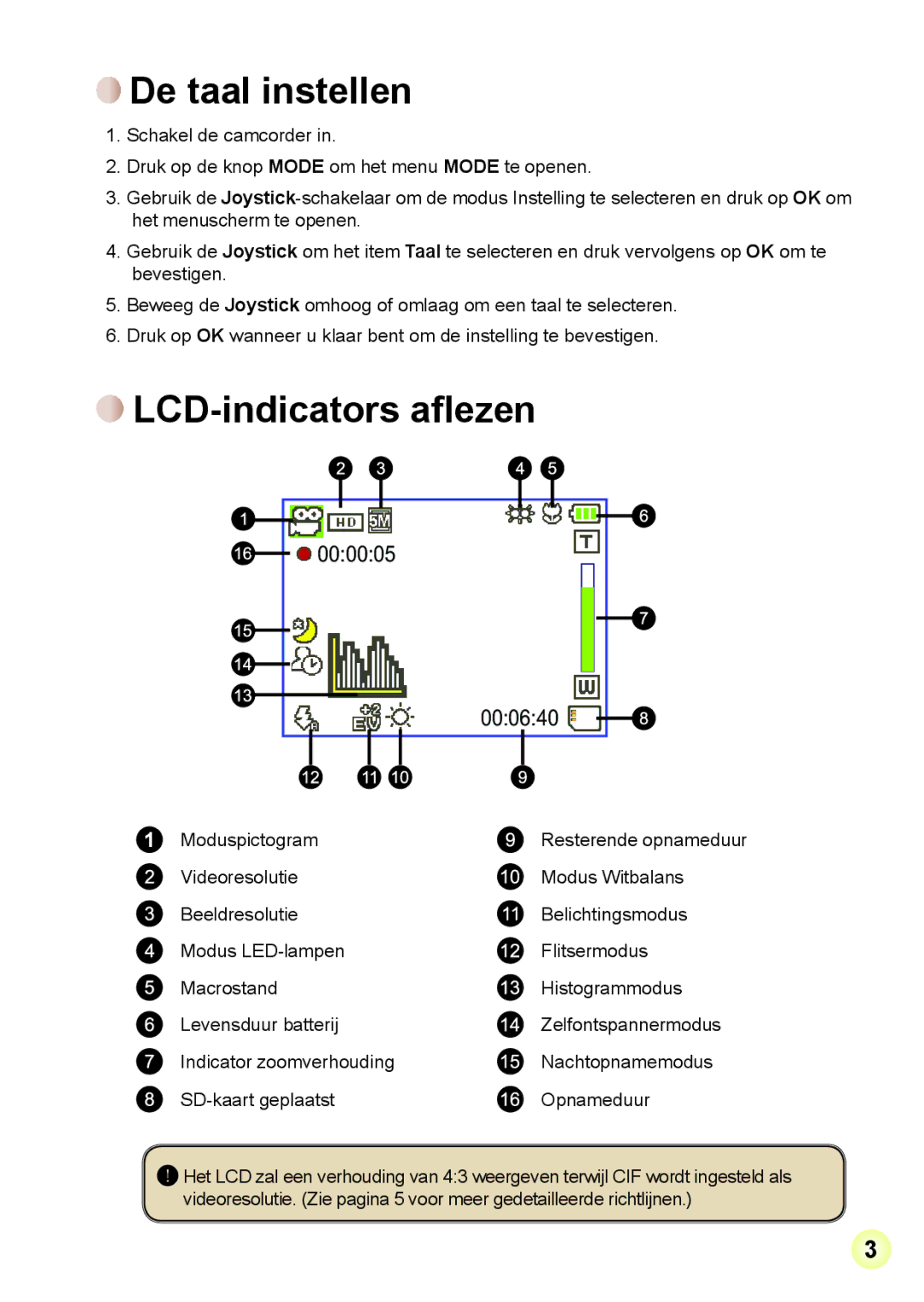 AIPTEK R-HDV21X, Z5X5P manual De taal instellen, LCD-indicators aflezen 