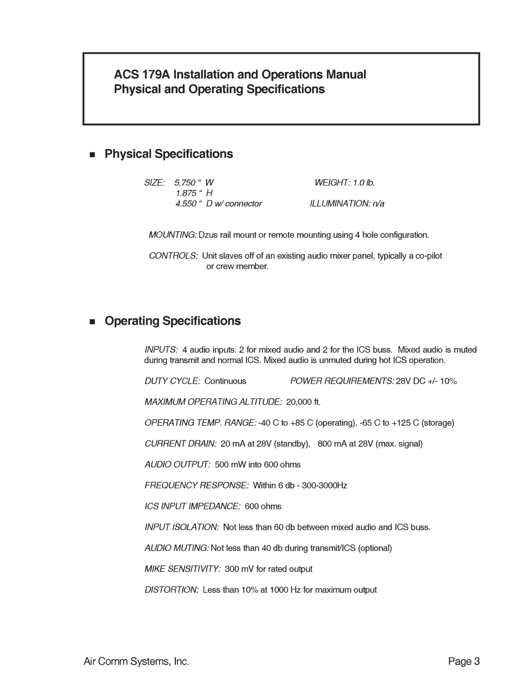 Air Comm Systems ACS 179A manual 