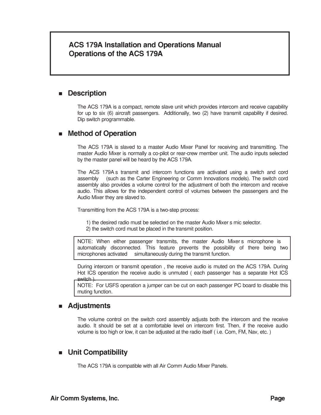 Air Comm Systems ACS 179A manual 