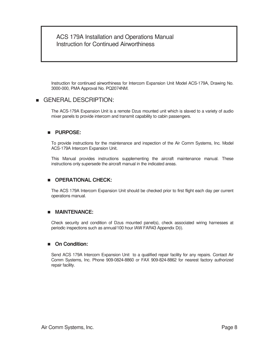 Air Comm Systems ACS 179A manual 