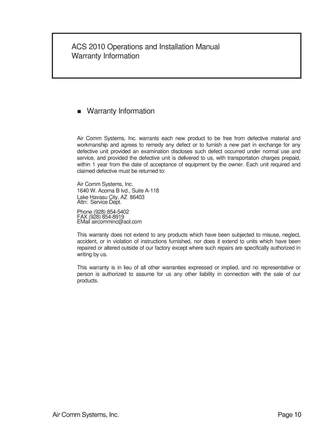 Air Comm Systems ACS 2010 installation manual 