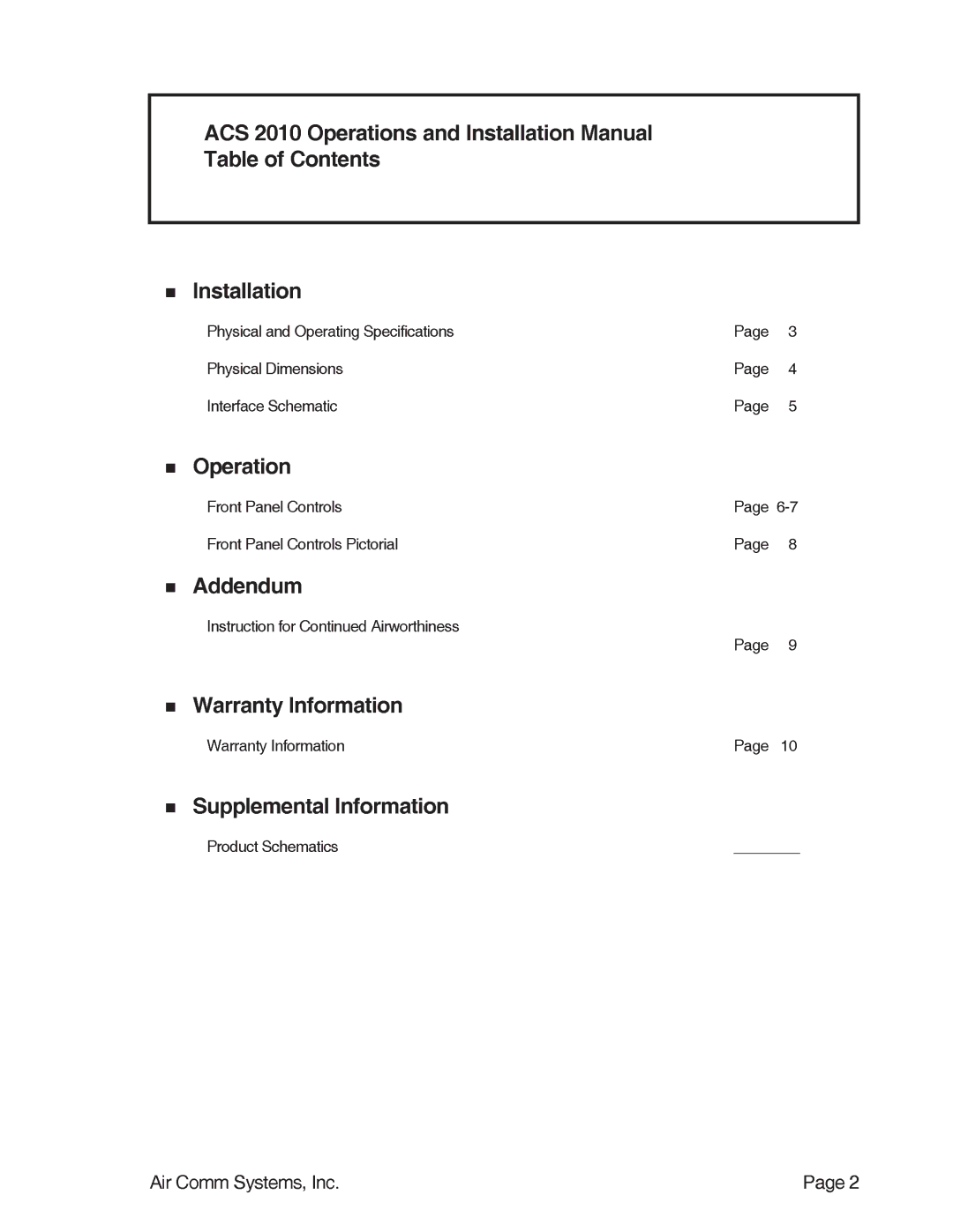 Air Comm Systems ACS 2010 installation manual Information 