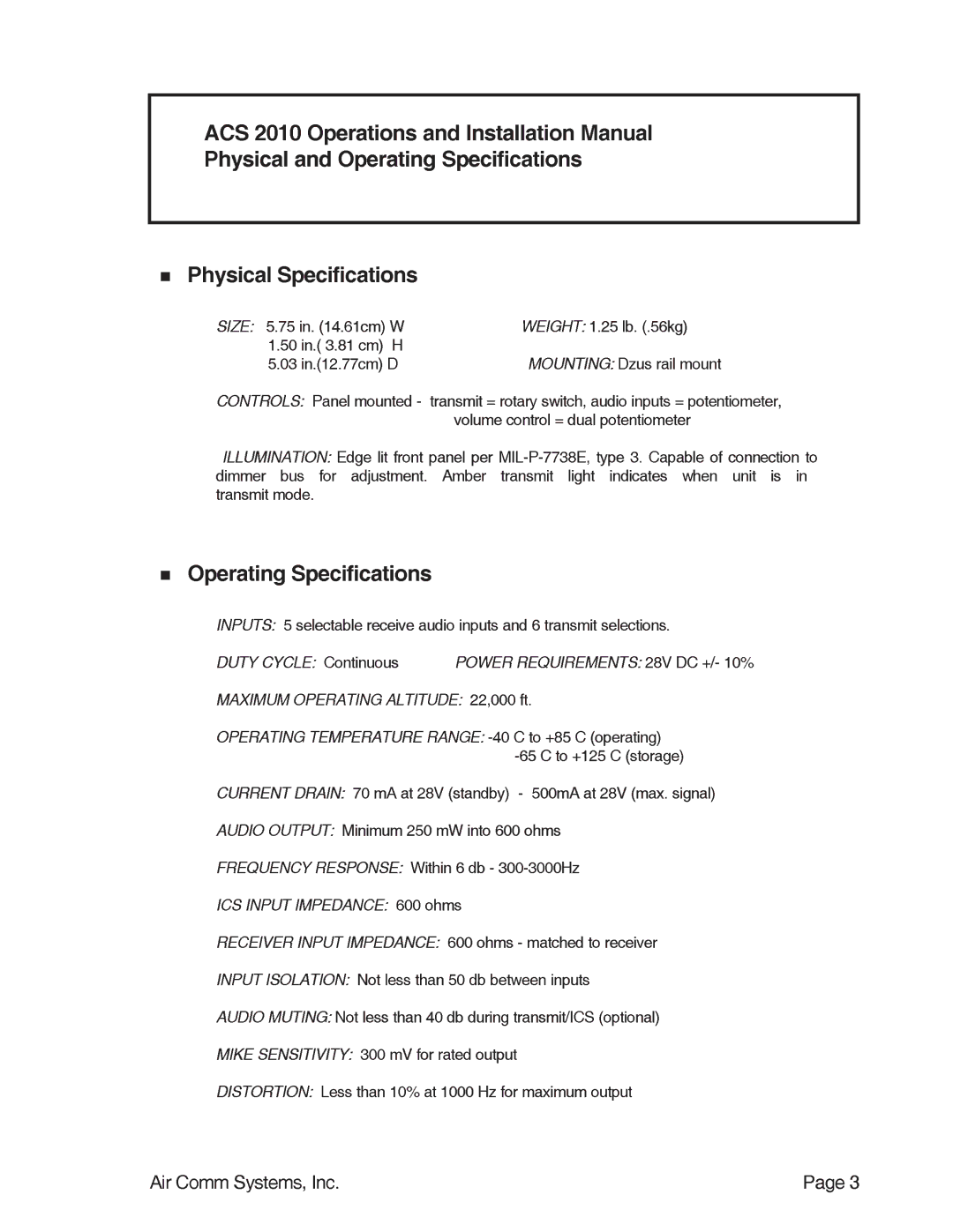 Air Comm Systems ACS 2010 installation manual 