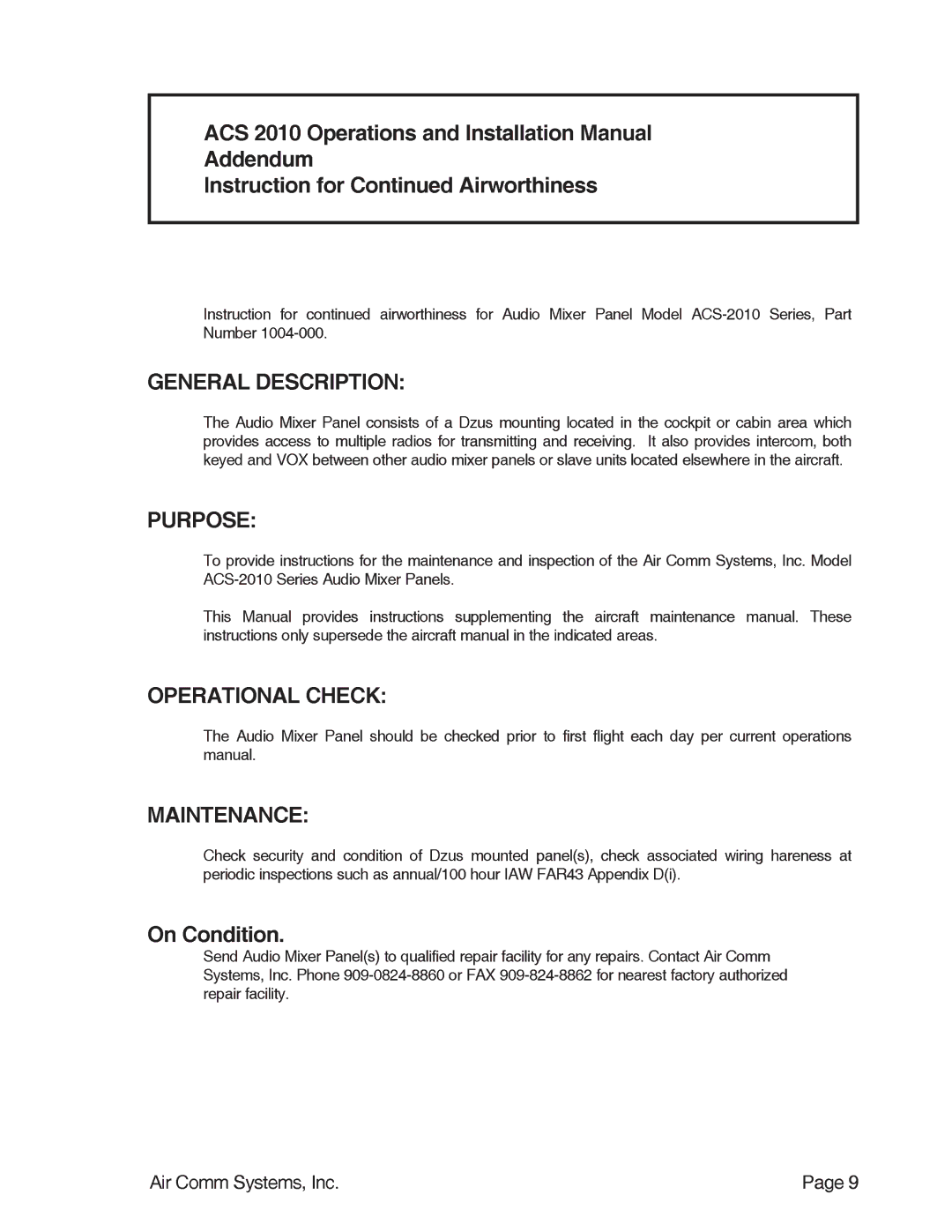 Air Comm Systems ACS 2010 installation manual 