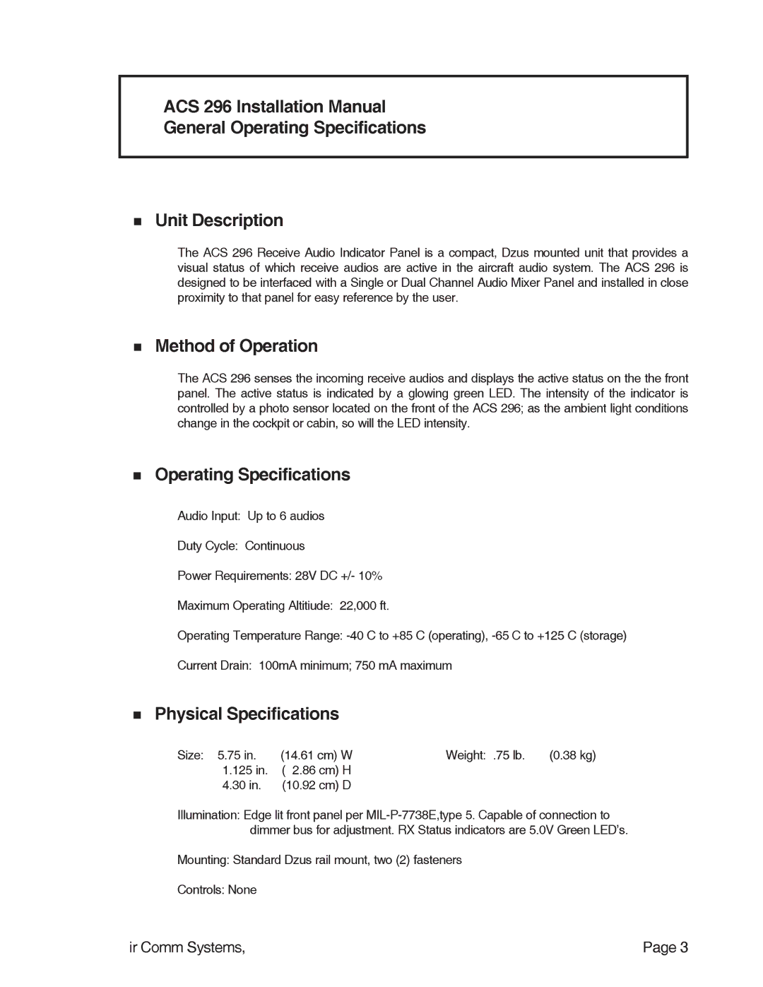 Air Comm Systems ACS 296 installation manual 