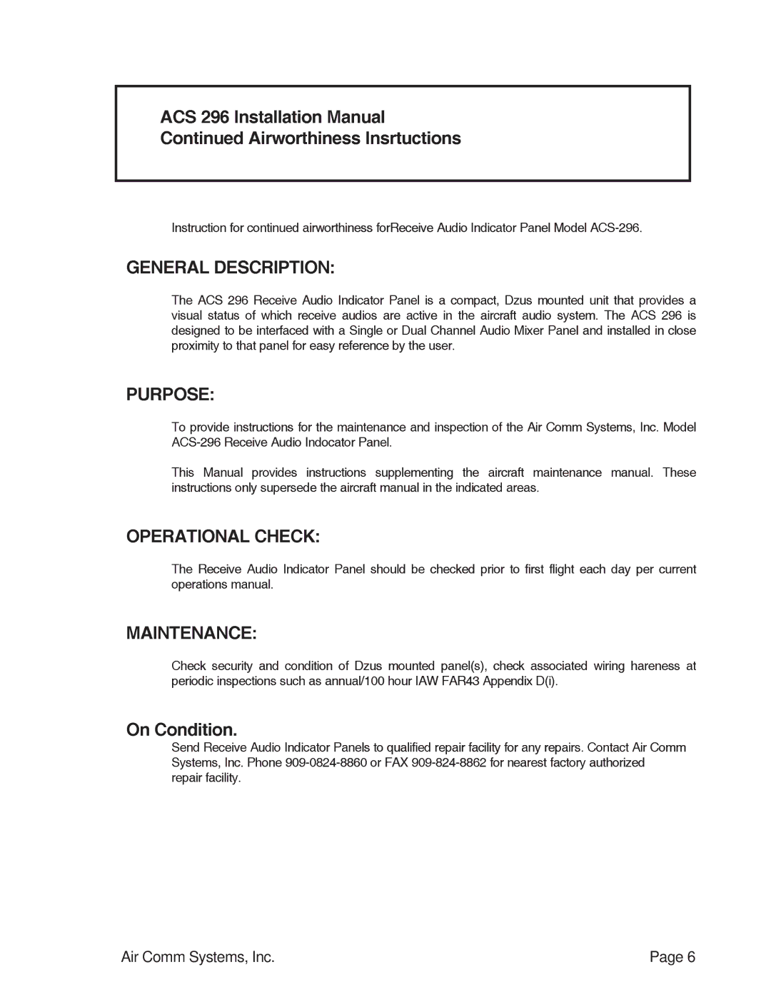 Air Comm Systems ACS 296 installation manual 