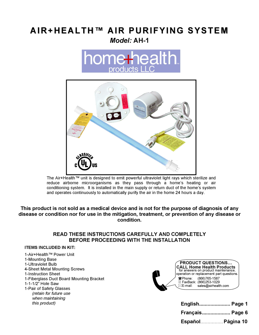 Air Health AH-1, AH-RL instruction sheet AIR+HEALTH AIR Purifying System, Items Included in KIT 