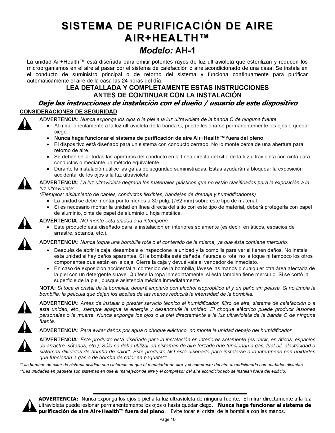 Air Health AH-RL, AH-1 instruction sheet Consideraciones DE Seguridad, Advertencia no monte esta unidad a la intemperie 