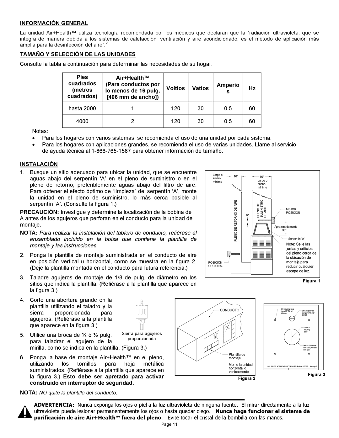 Air Health AH-1, AH-RL instruction sheet Información General, Tamaño Y Selección DE LAS Unidades, Instalación 