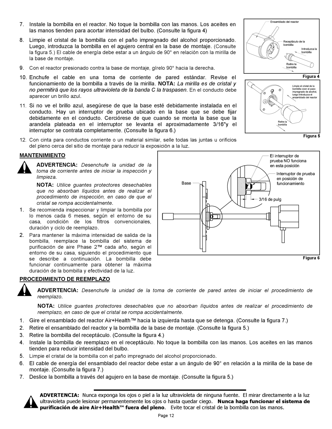 Air Health AH-RL, AH-1 instruction sheet Mantenimiento, Procedimiento DE Reemplazo 